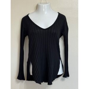 We The Free - Black Ribbed Pullover Sweater - V-Neck Long Sleeve - SP